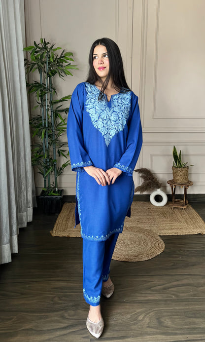 Blue Aari Embroidered Cotton Co-ord Set