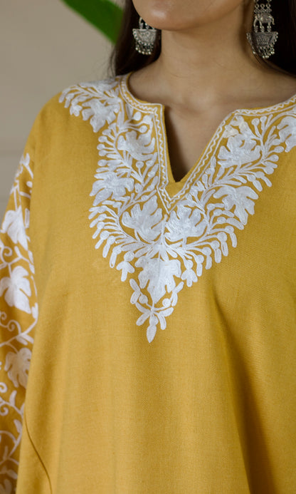 Yellow Cashmilon Pheran with White Aari Embroidery