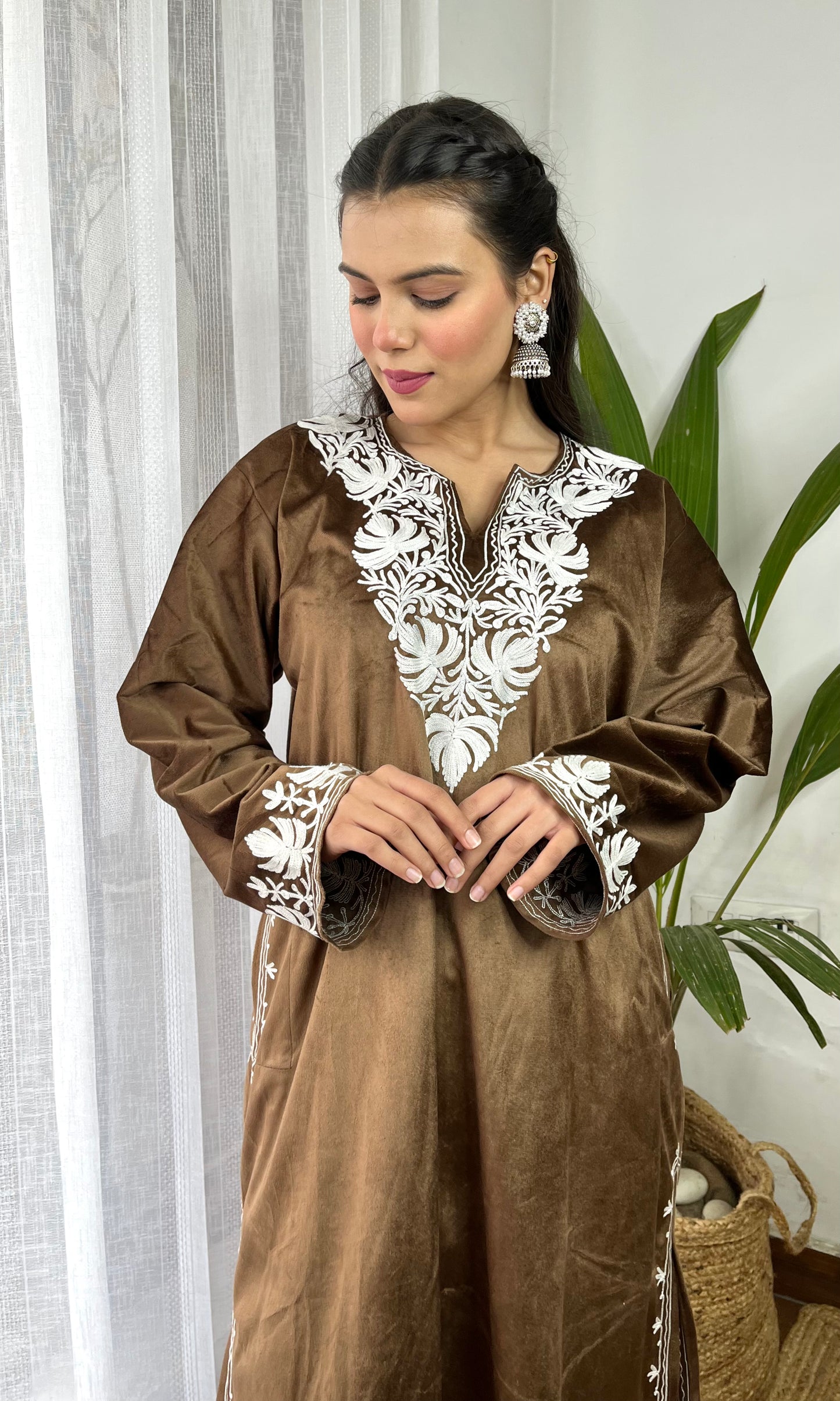 Brown Aari Embroidered Kashmiri Velvet Suit