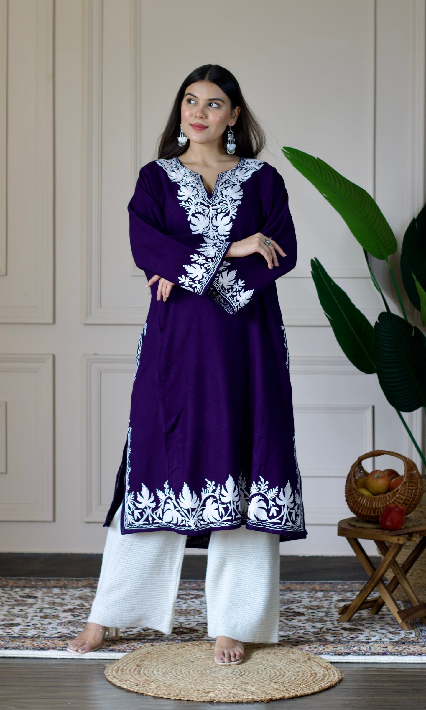 Navy Blue Cashmilon Pheran with White Aari Embroidery