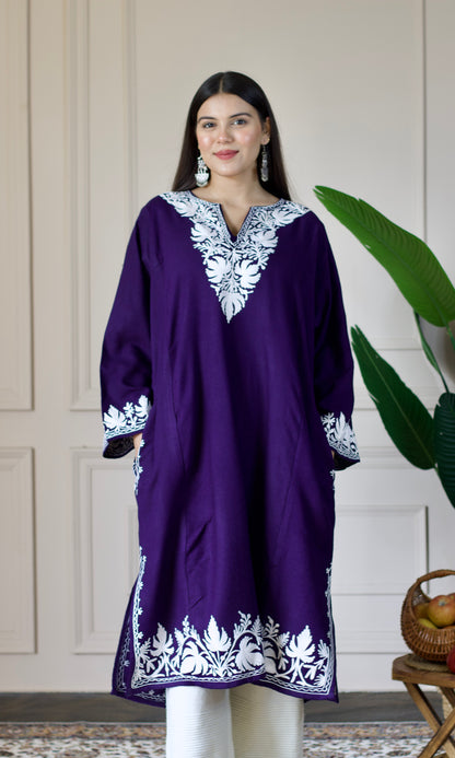 Navy Blue Cashmilon Pheran with White Aari Embroidery