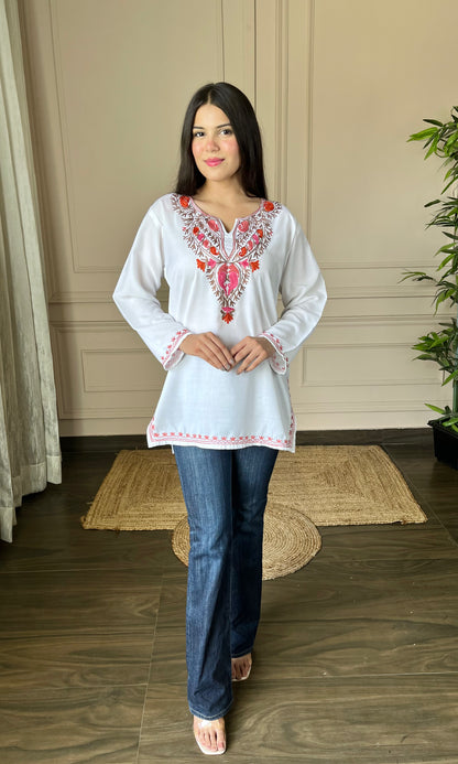 Multicolor Aari Embroidered White Short Kurti