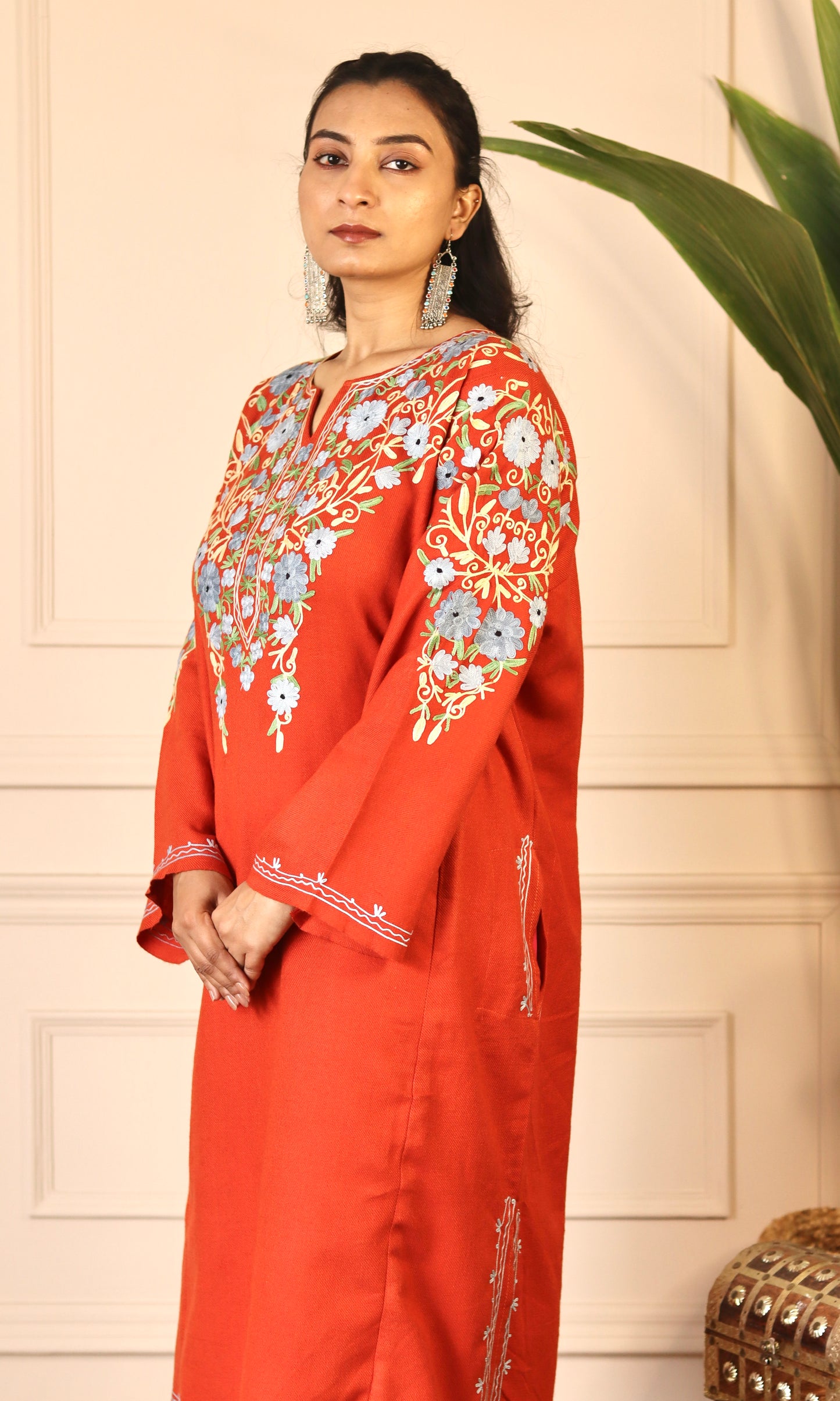 Crimson Red Aari Embroidered Fine Cashmilon Pheran