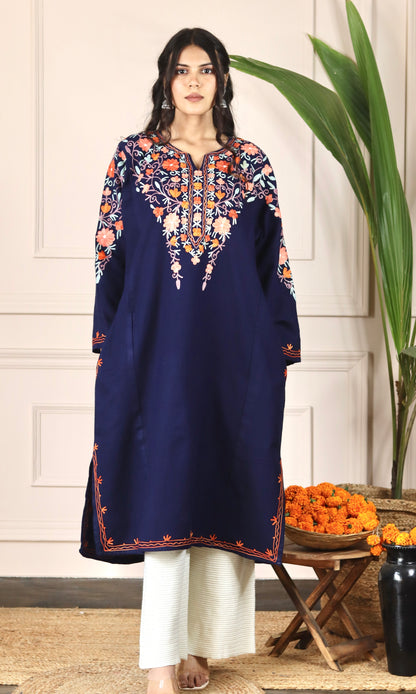 Navy Blue Aari Embroidered Fine Cashmilon Pheran