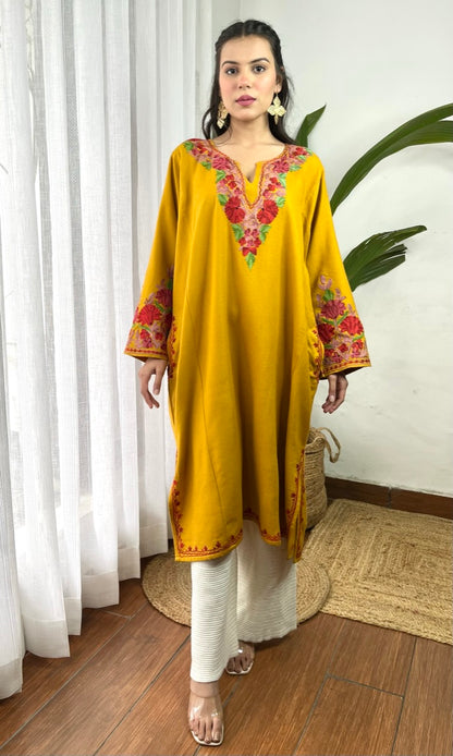 Mustard Bloom Pink Aari Embroidered Fine Cashmilon Pheran