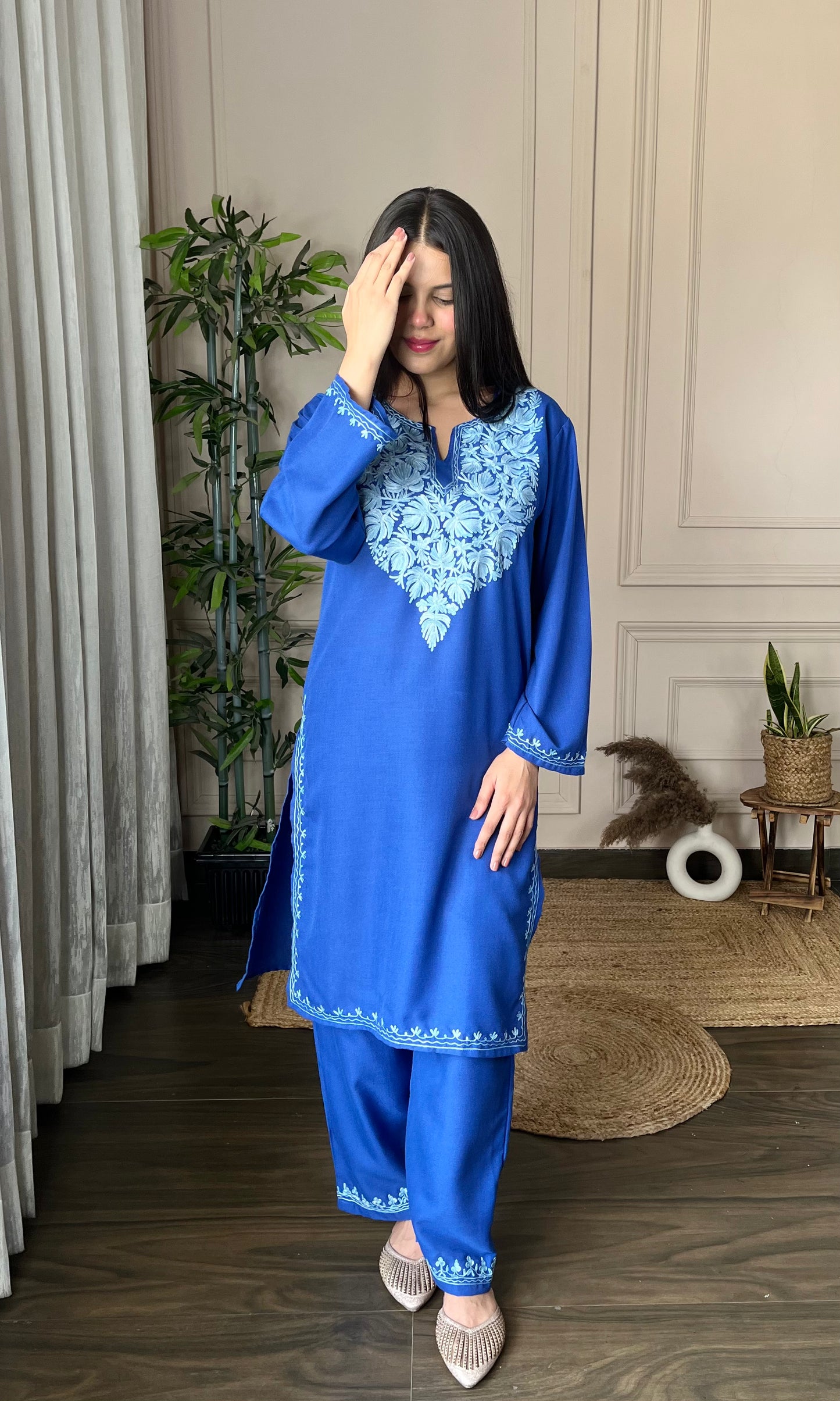 Blue Aari Embroidered Cotton Co-ord Set