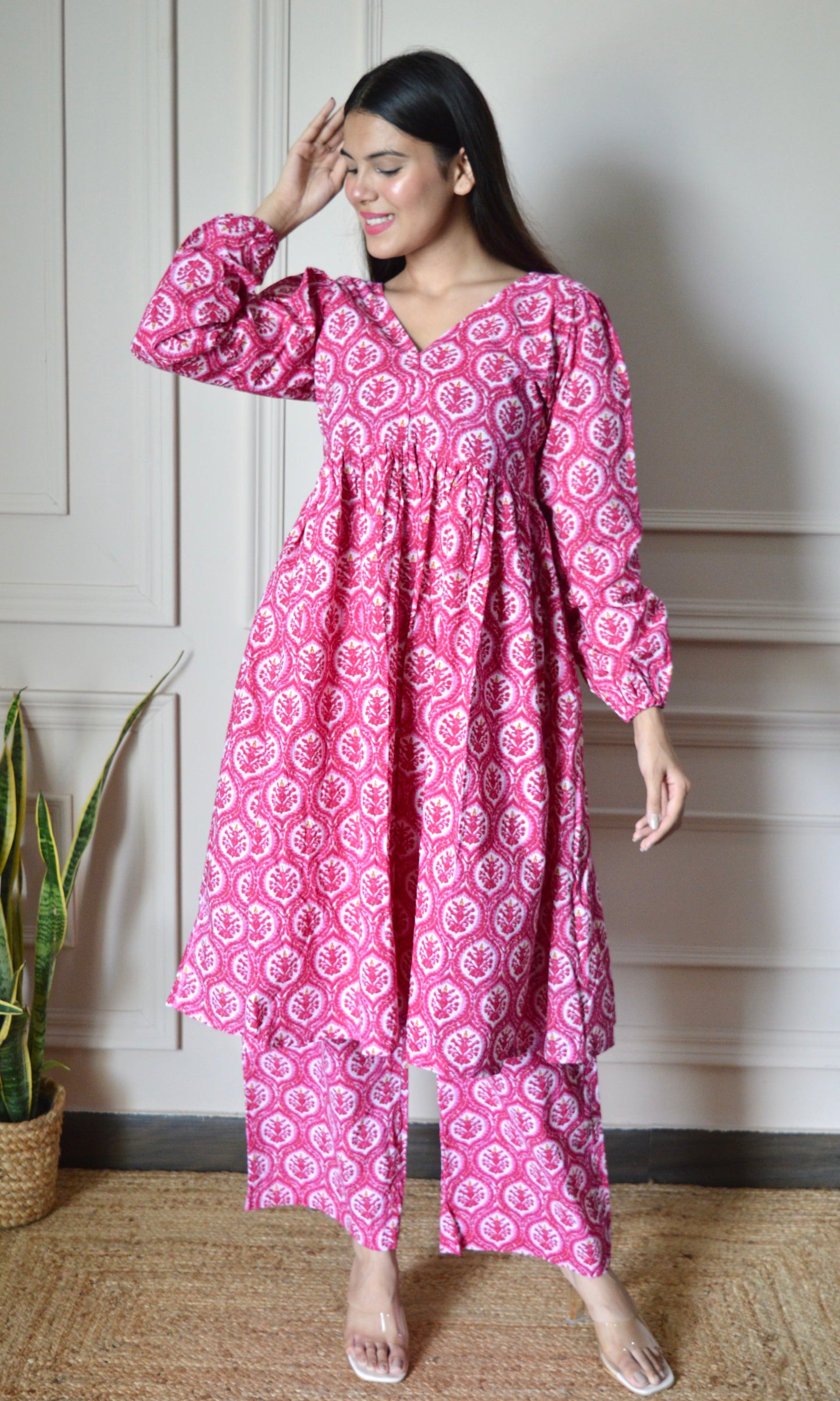 Pink Printed Flared Kurta with Pants