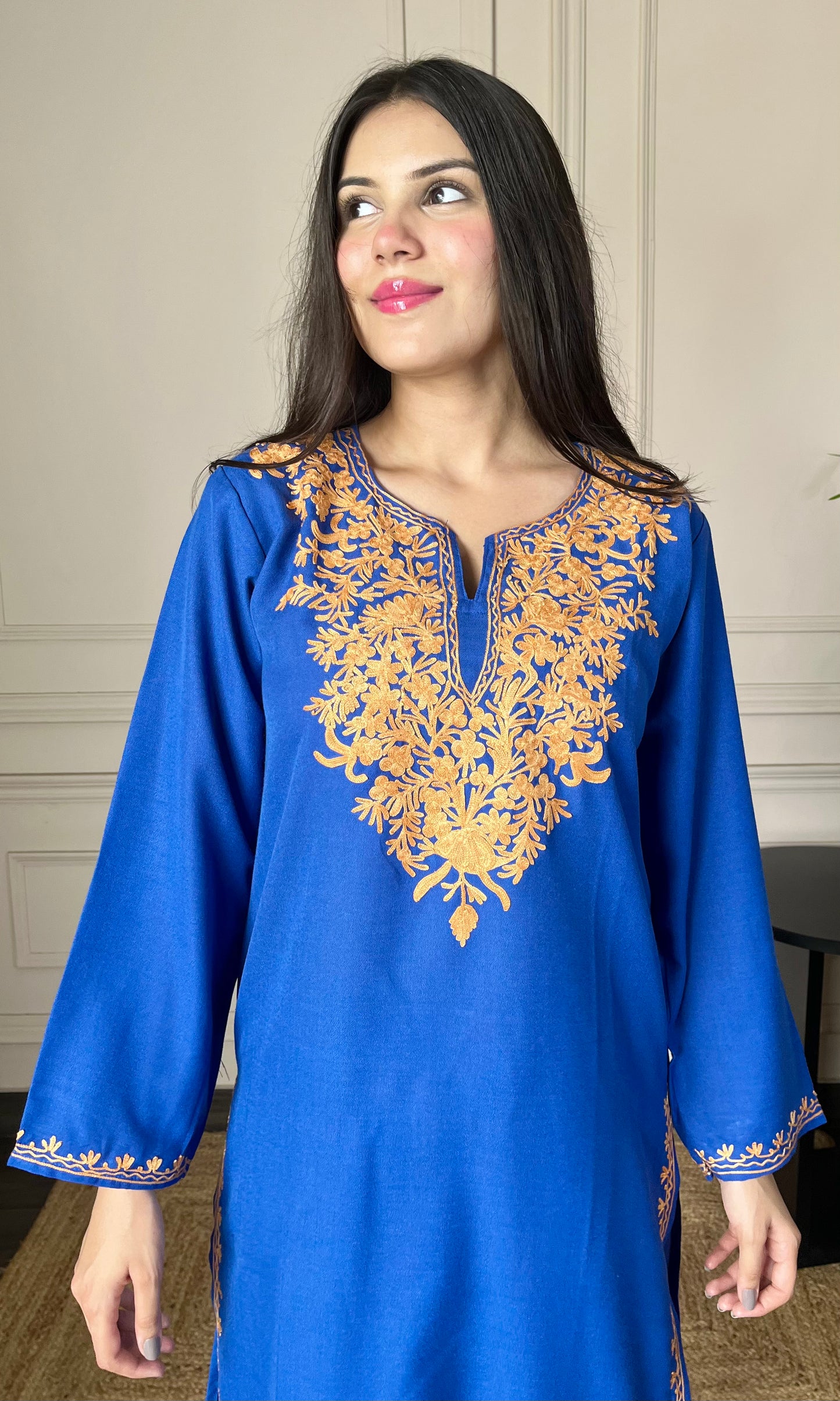 Blue Aari Embroidered Cotton Co-ord Set with Bronze Accents