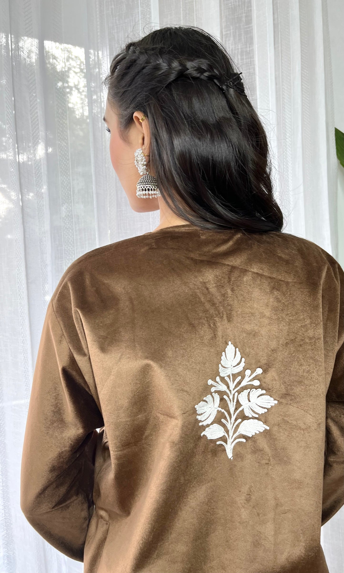 Brown Aari Embroidered Kashmiri Velvet Suit