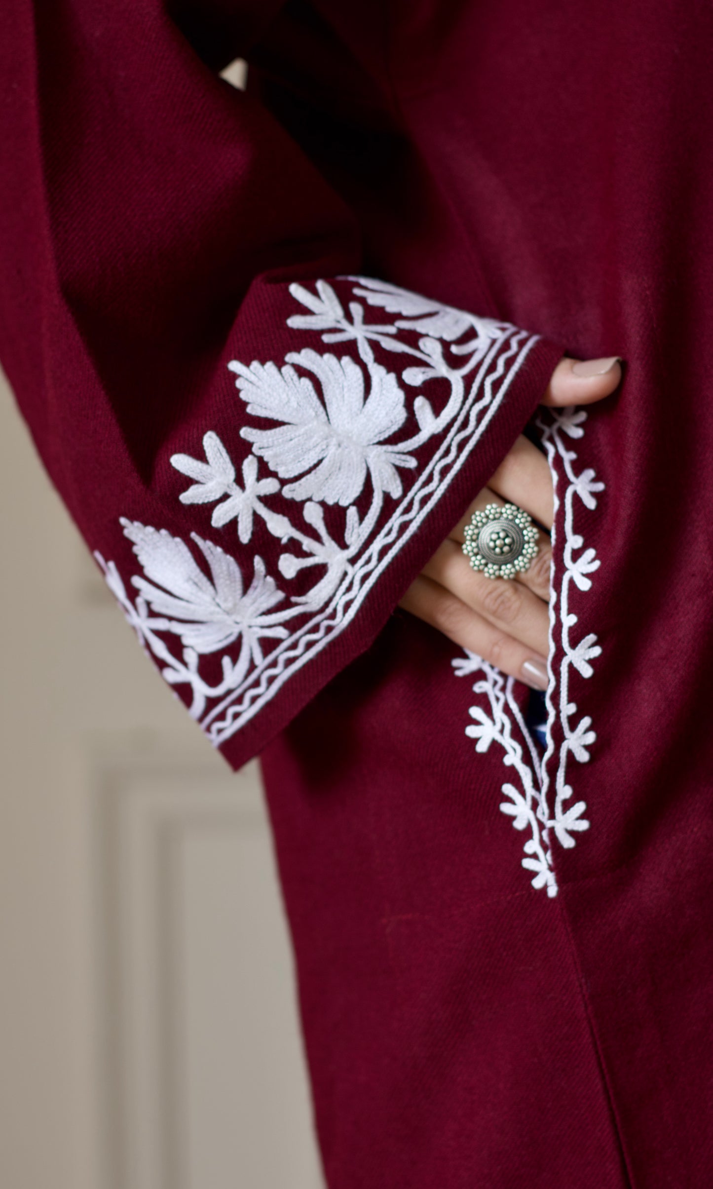 Deep Wine Cashmilon Pheran with White Aari Embroidery