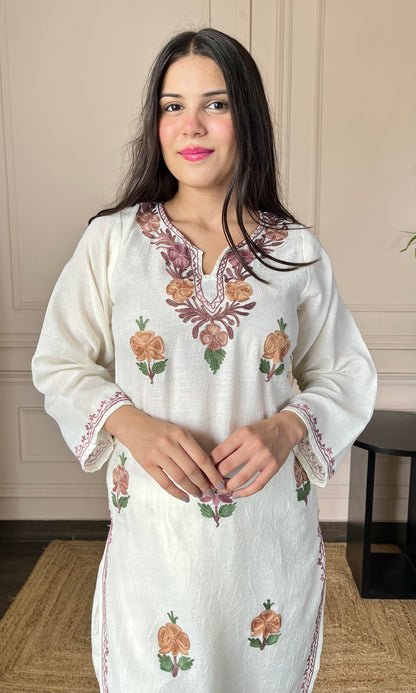 White Aari Embroidered Crushed Cotton Kurti