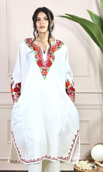 Crimson Bloom White Aari Embroidered Fine Cashmilon Pheran