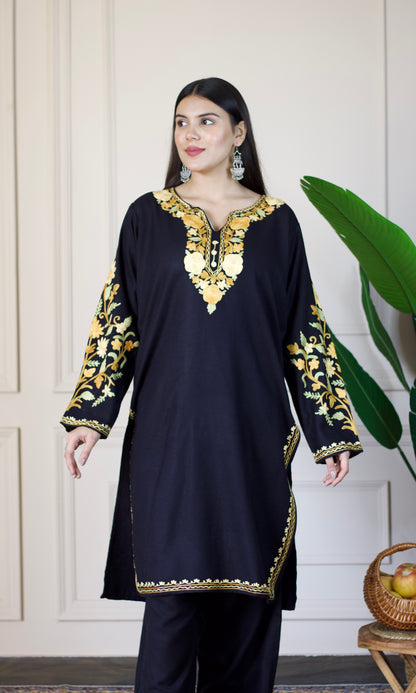 Black Kashmiri Aari Woollen Co-ord Set - Golden Dawn