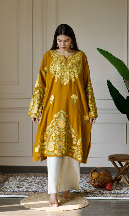 Mustard Aari Embroidered Wool Pheran