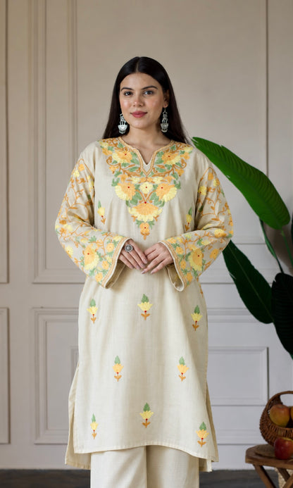 Beige Kashmiri Aari Embroidered  Kurta Set