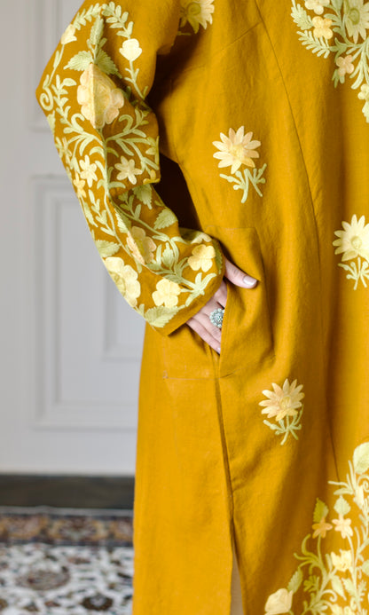 Mustard Aari Embroidered Wool Pheran