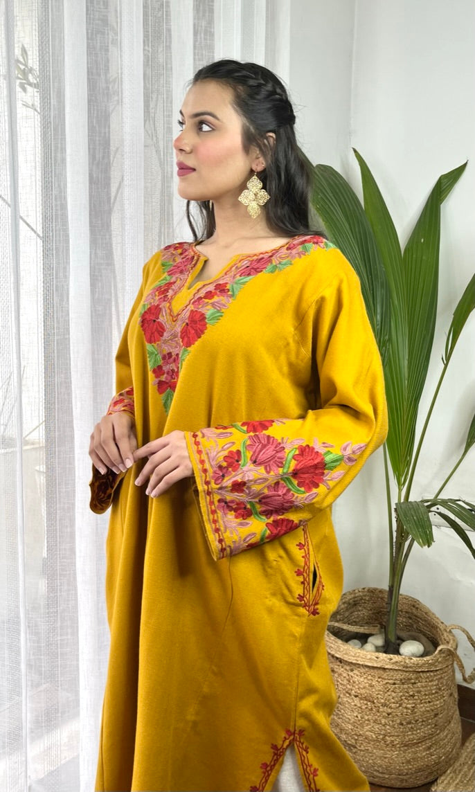 Mustard Bloom Pink Aari Embroidered Fine Cashmilon Pheran