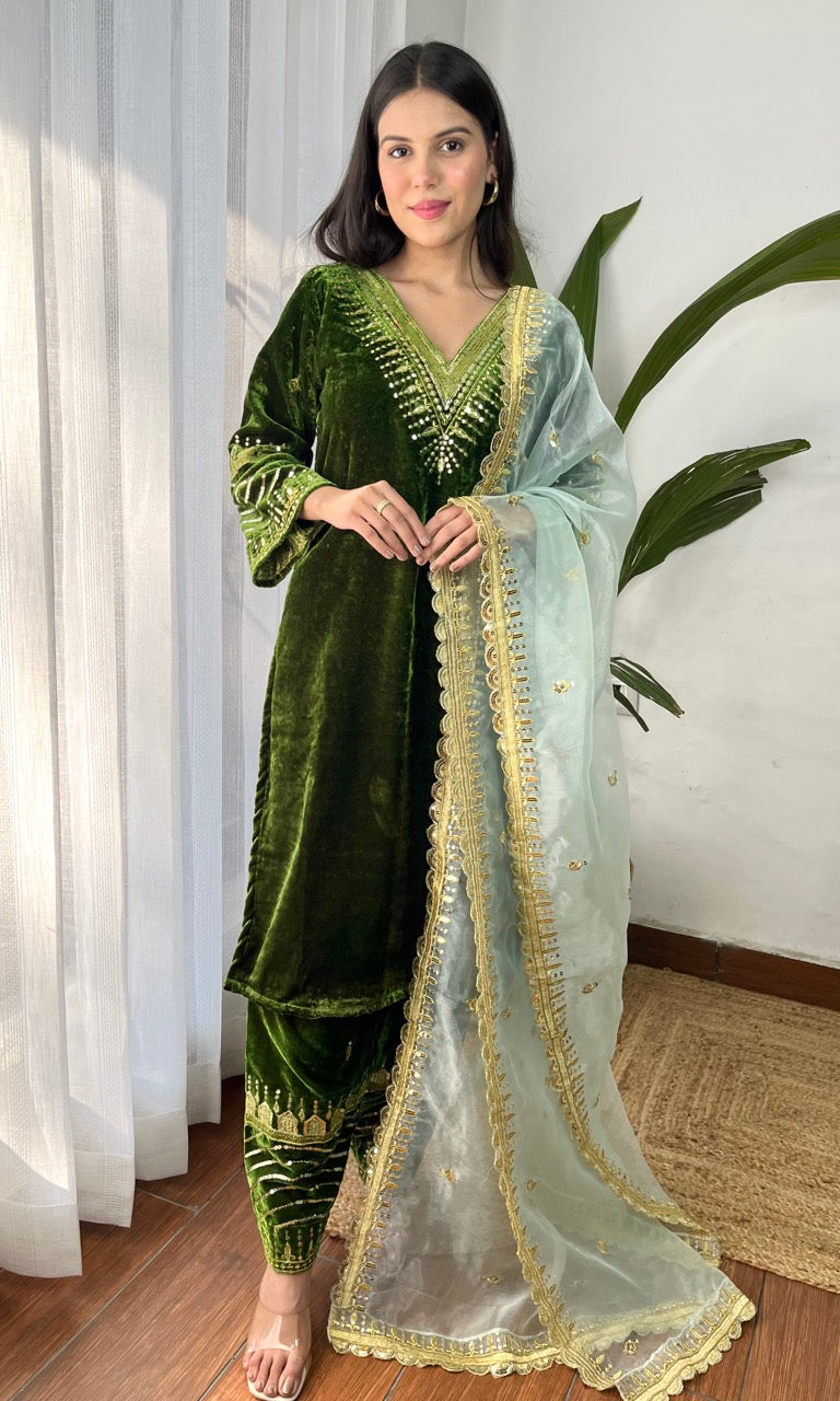 Mehendi Green Velvet Suit with Flowing Dupatta