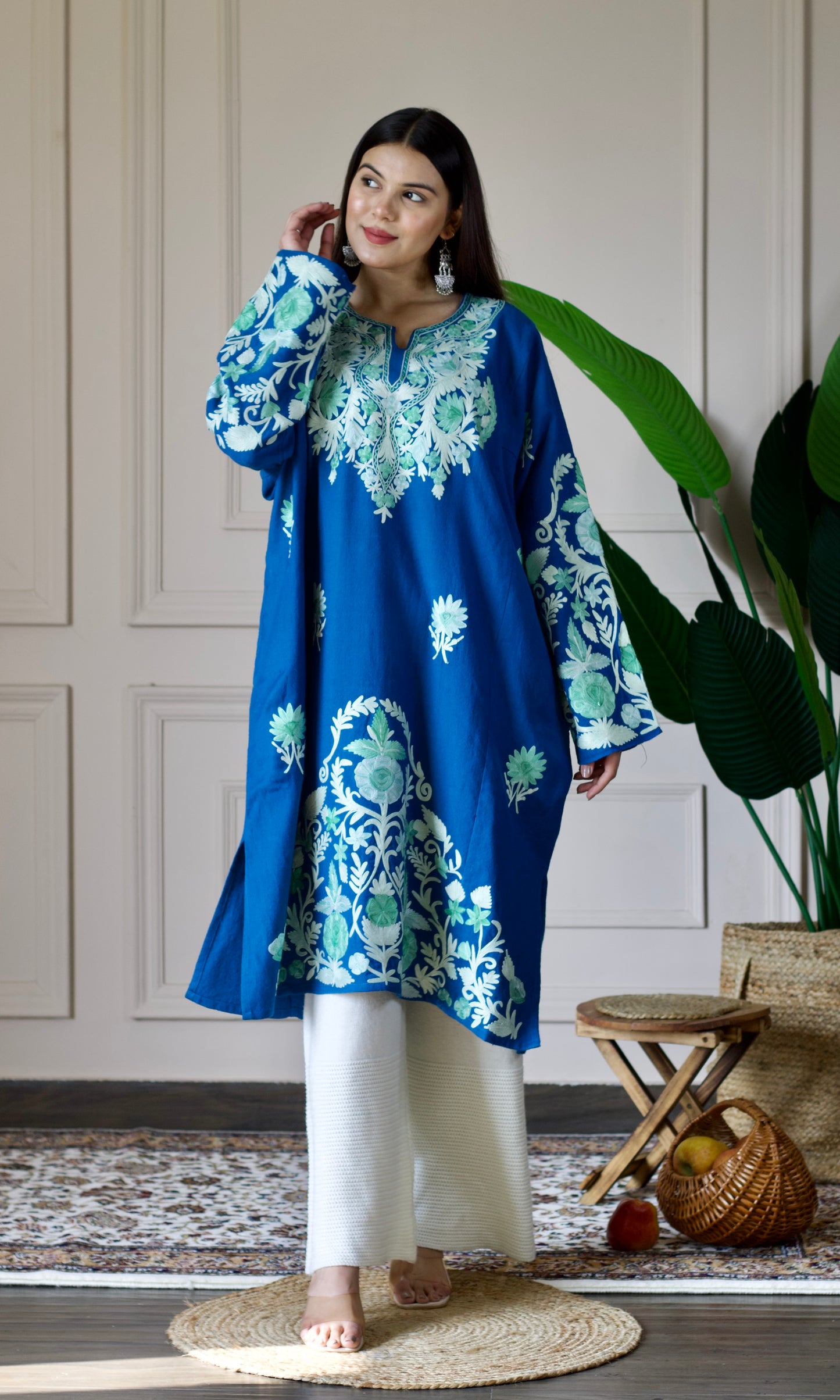 Blue Aari Embroidered Wool Pheran