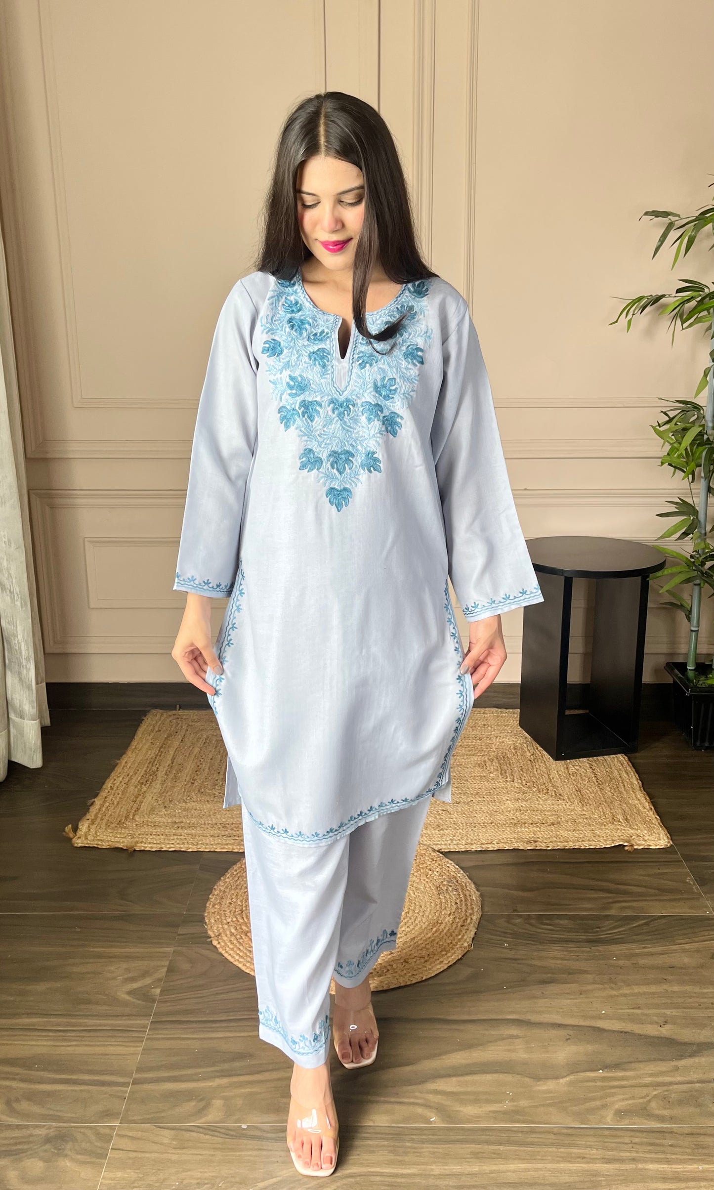 Blue Bliss Aari Embroidered Grey Cotton Co-ord Set