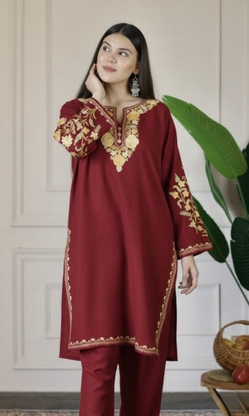 Red Kashmiri Aari Woollen Co-ord Set - Golden Dawn