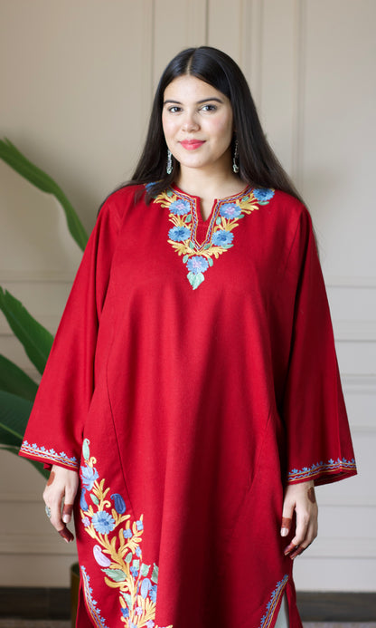 Ruby Bloom Aari Embroidered Fine Cashmilon Pheran