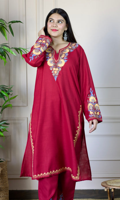 Maroon Aari Embroidered Cotton Co-ord Set