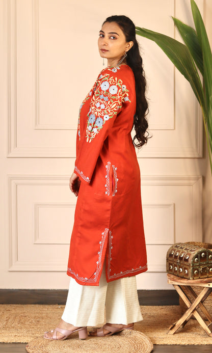 Crimson Red Aari Embroidered Fine Cashmilon Pheran