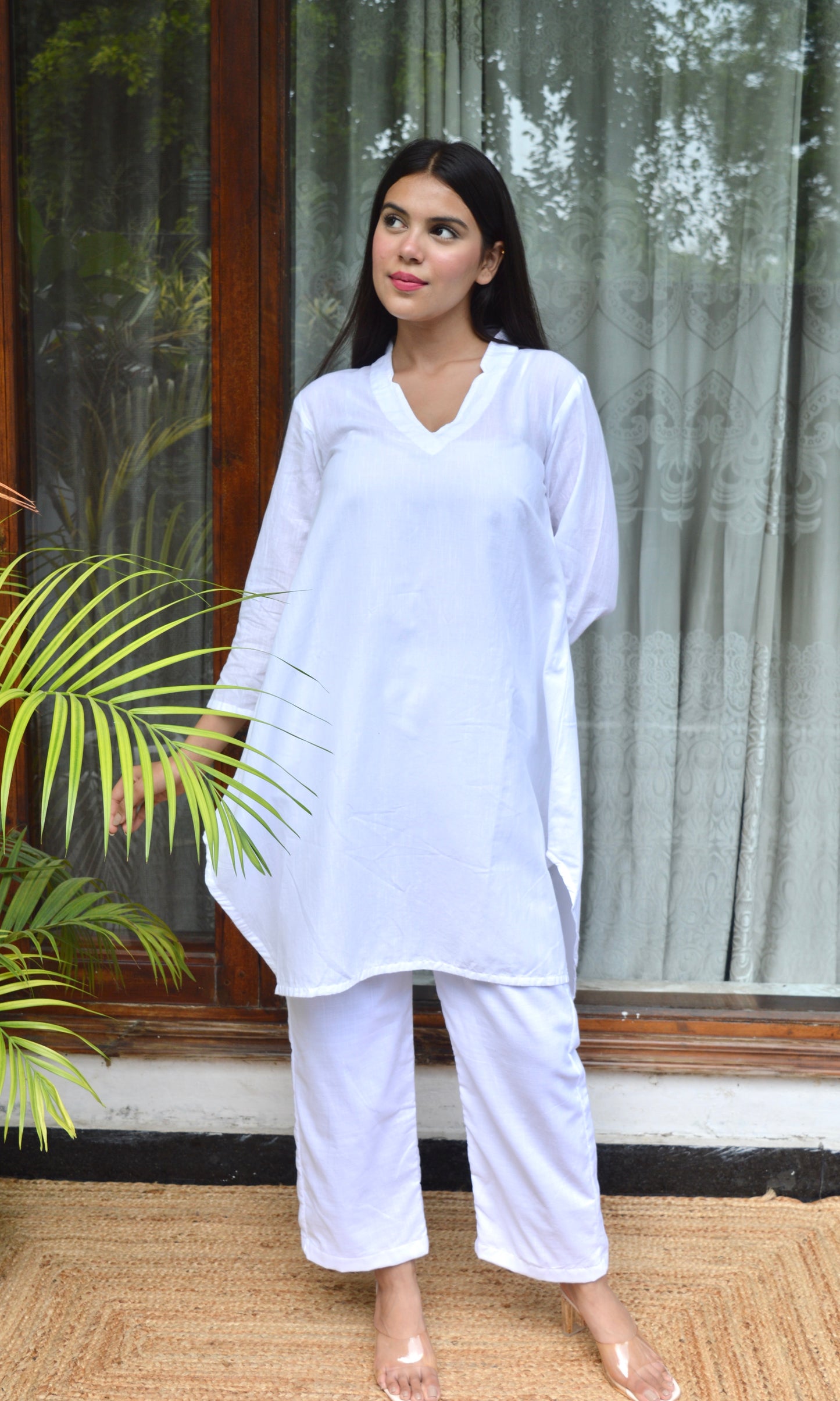 Asymmetric White Cotton Collar Co-ord Set