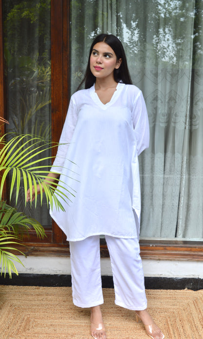 Asymmetric White Cotton Collar Co-ord Set