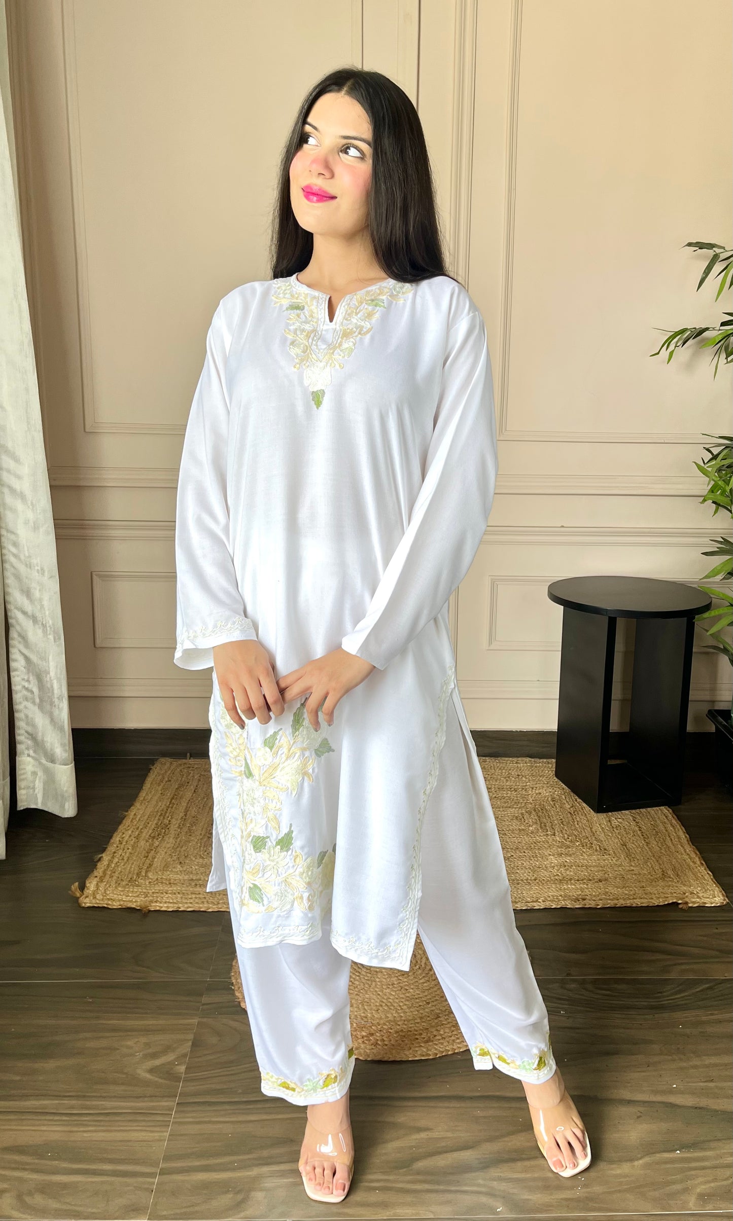 Basic White Aari Embroidered Cotton Co-ord Set