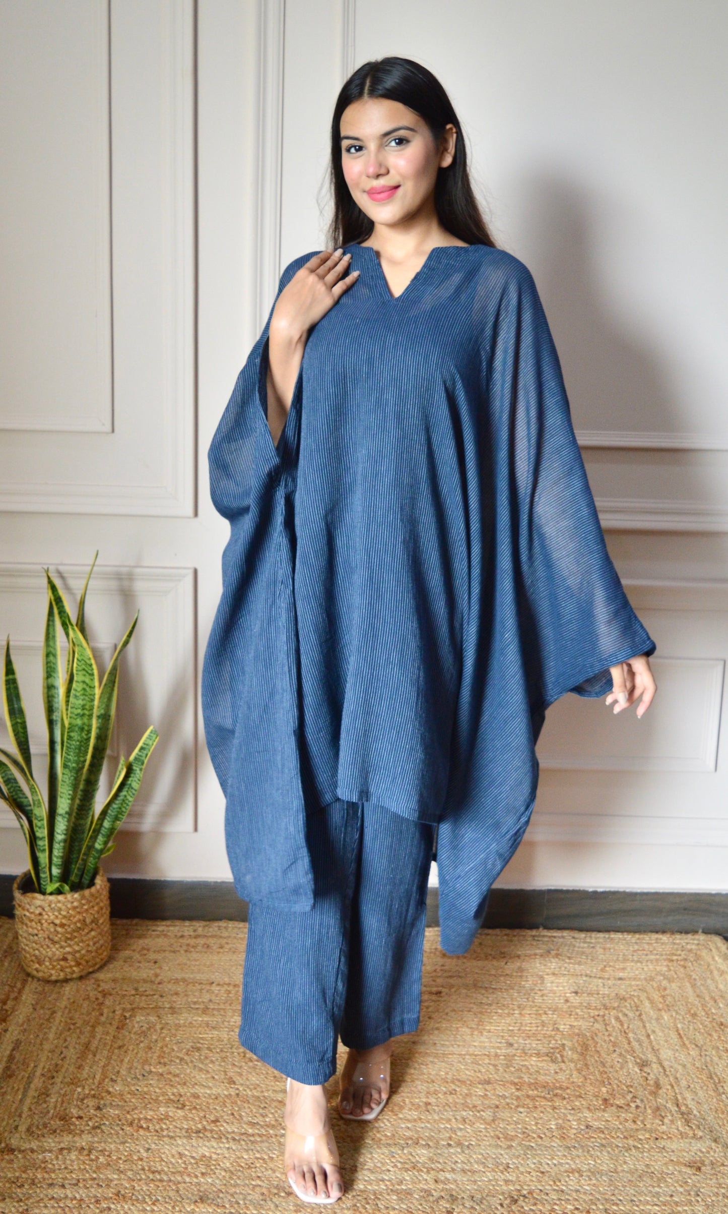 Navy Blue Lining Kaftan Kurta with Pants