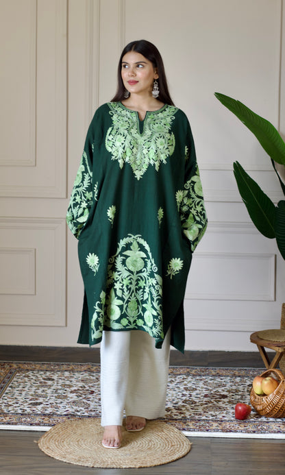 Dark Green Aari Embroidered Wool Pheran