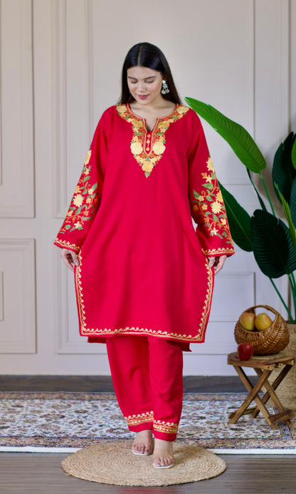 Pink Kashmiri Aari Woollen Co-ord Set