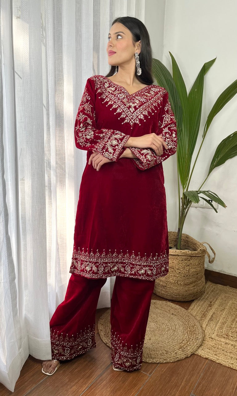 Red Velvet Suit with Flowing Dupatta