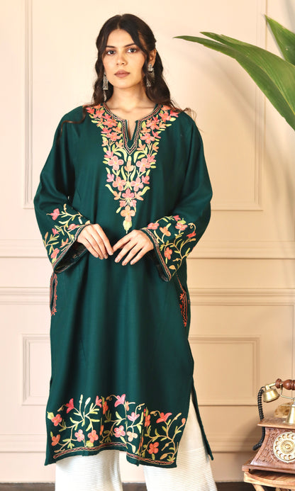 Bottle Green Aari Embroidered Fine Cashmilon Pheran