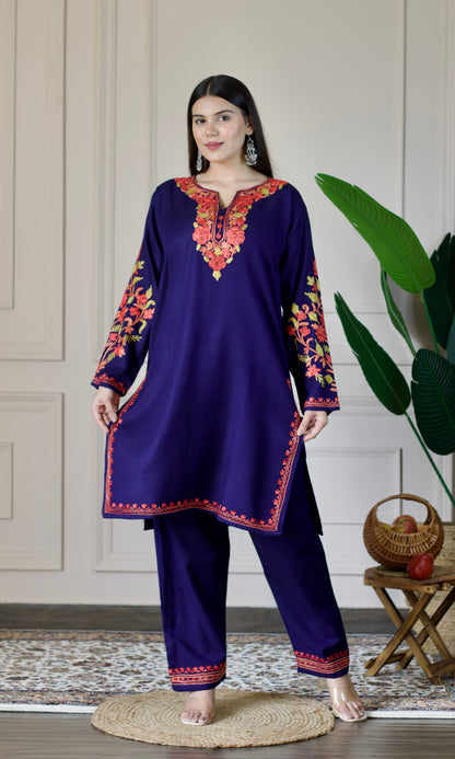 Navy Blue Kashmiri Aari Woollen Co-ord Set - Scarlet Charm