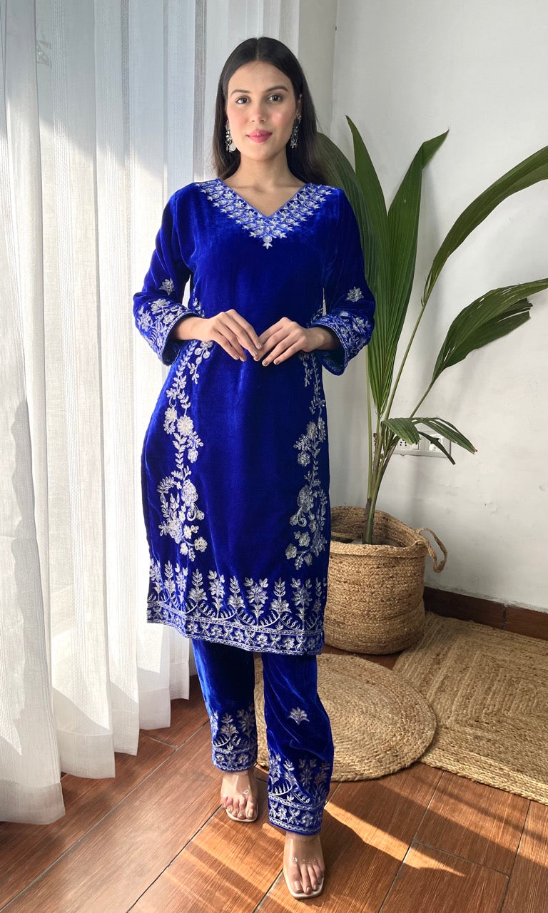 Blue Velvet Suit with Flowing Dupatta