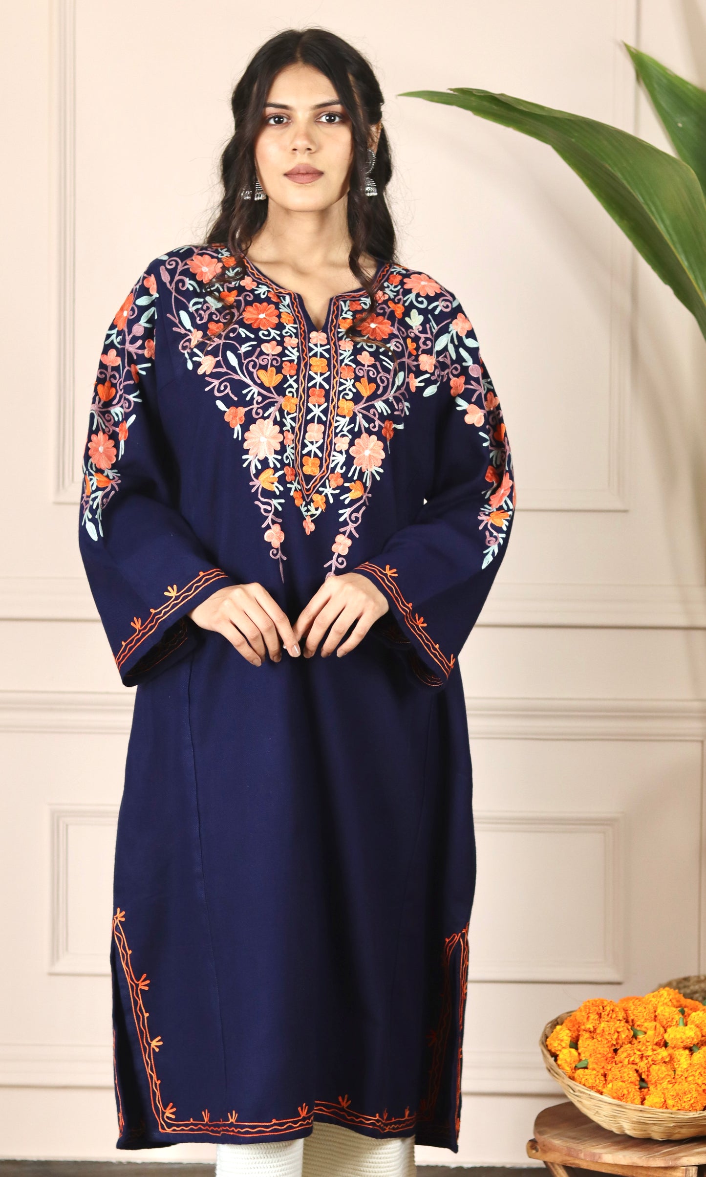 Navy Blue Aari Embroidered Fine Cashmilon Pheran