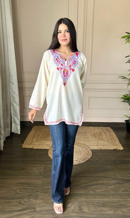 Off White Short Kurti with Vibrant Aari Embroidery