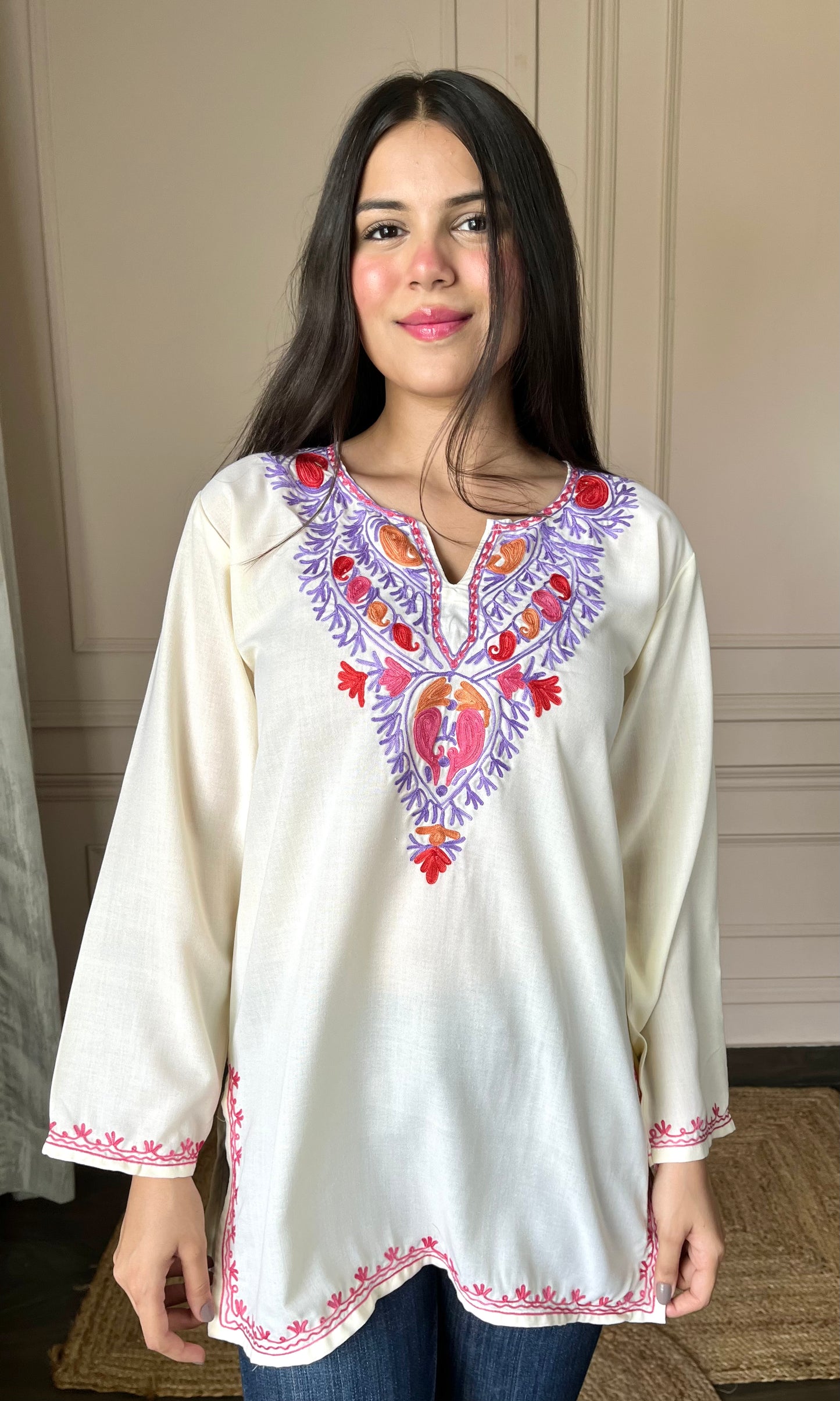 Off White Short Kurti with Vibrant Aari Embroidery