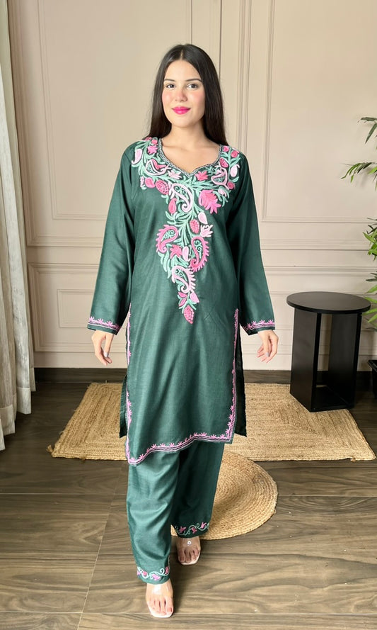 Dark Green Aari Embroidered Cotton Co-ord Set