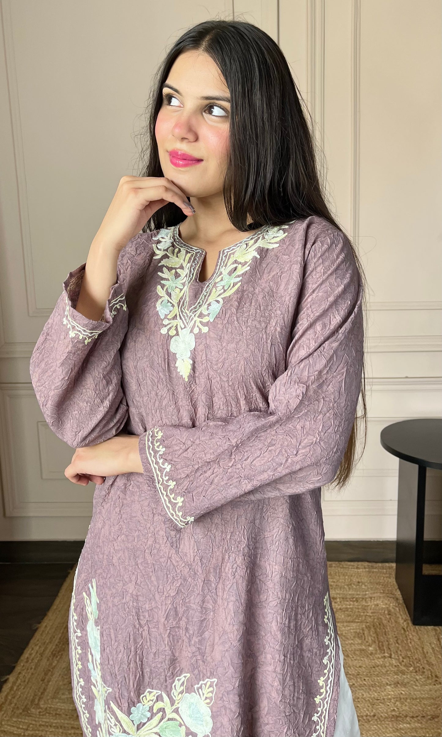 Mauve Aari Embroidered Crushed Cotton Kurti