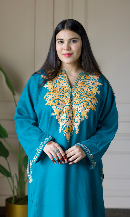 Golden Leaf Aari Embroidered Sea Green Fine Cashmilon Pheran