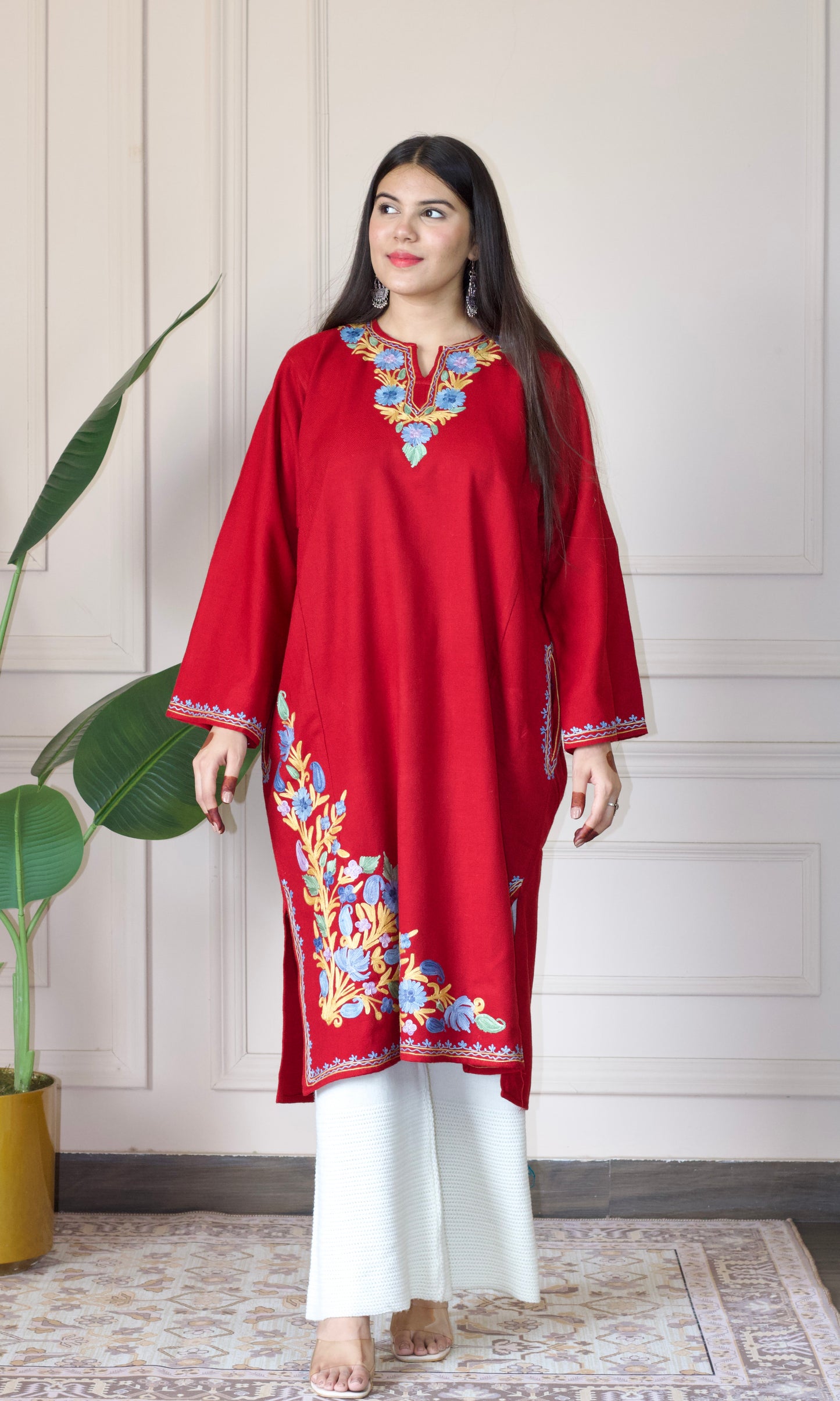 Ruby Bloom Aari Embroidered Fine Cashmilon Pheran