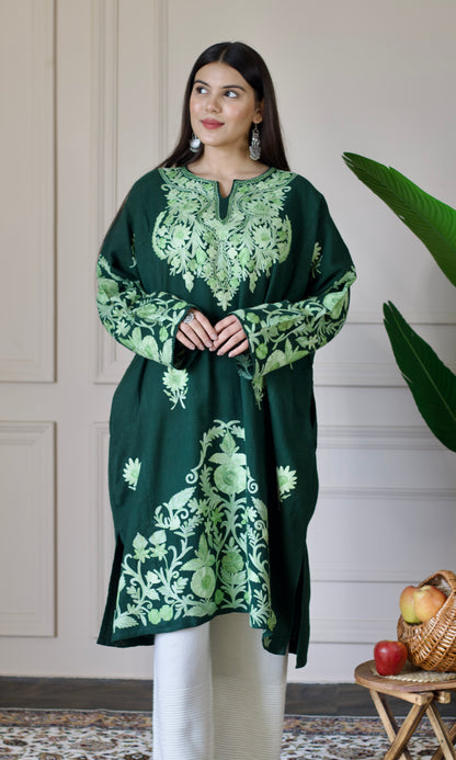 Dark Green Aari Embroidered Wool Pheran