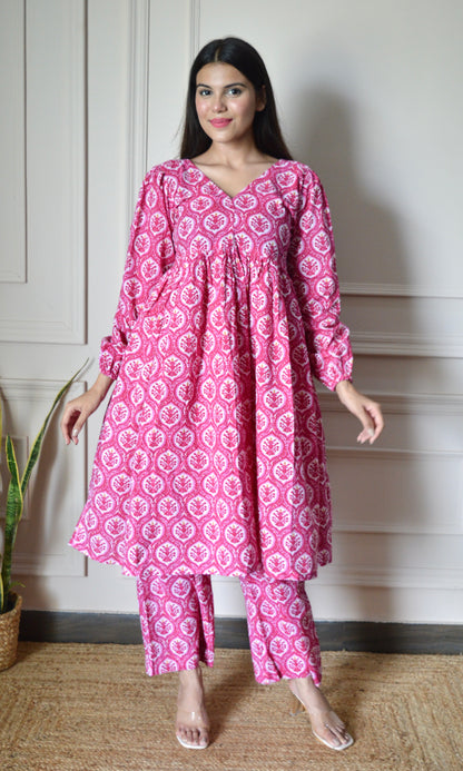 Pink Printed Flared Kurta with Pants