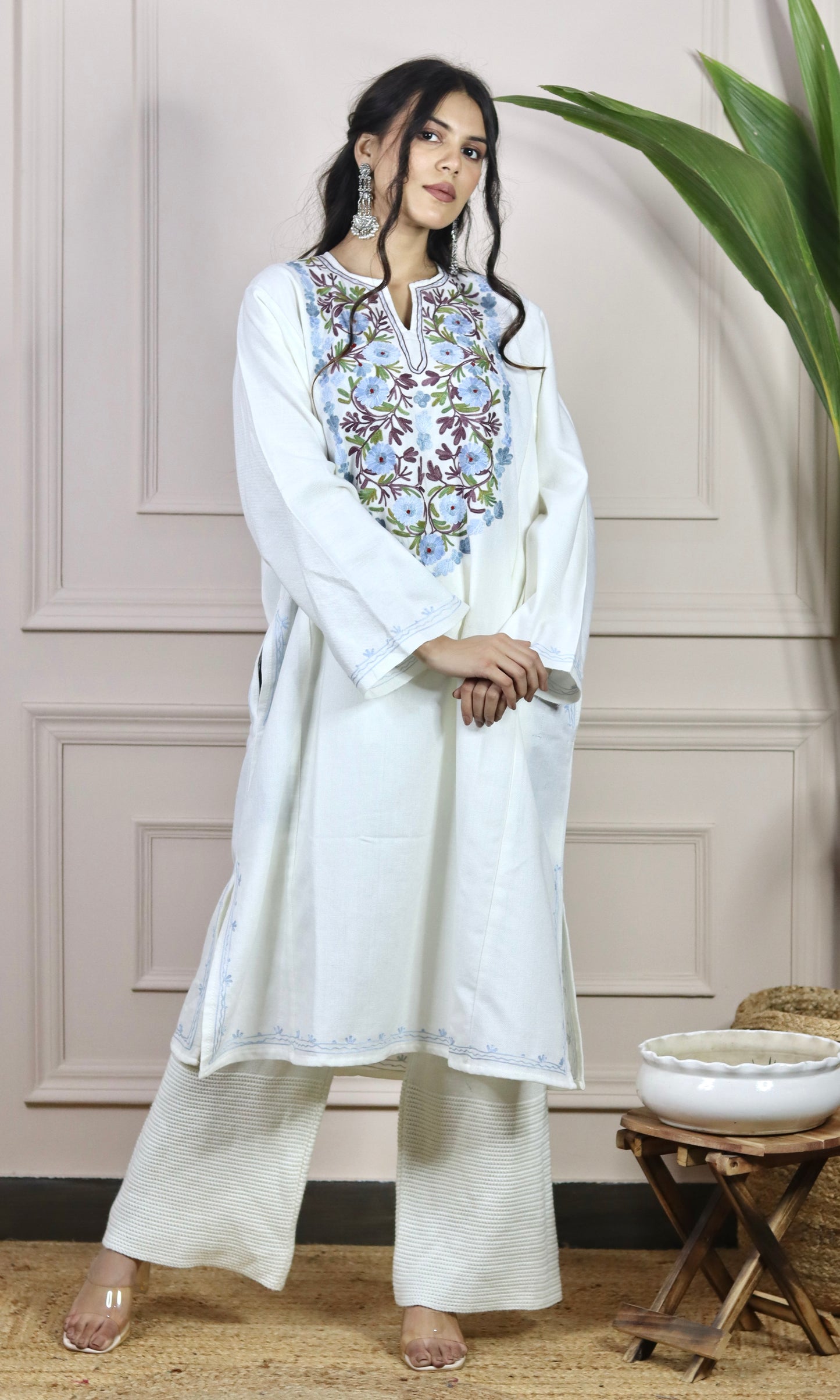 Sapphire Sky White Aari Embroidered Fine Cashmilon Pheran