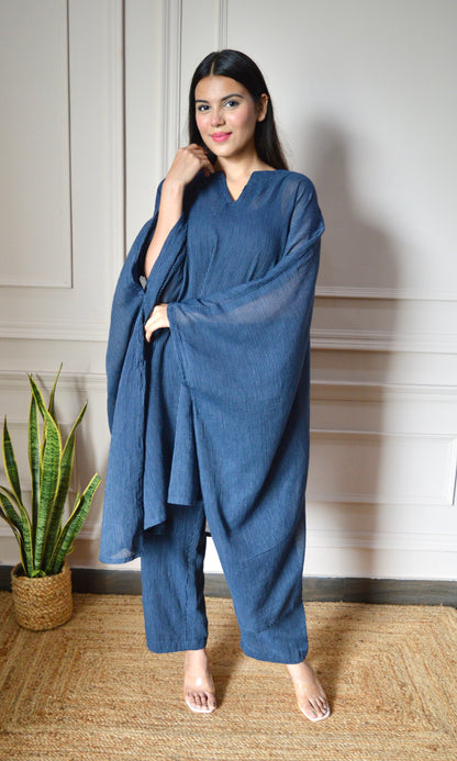 Navy Blue Lining Kaftan Kurta with Pants