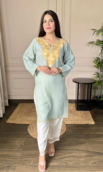 Light sea green Aari Embroidered Crushed Cotton Kurti